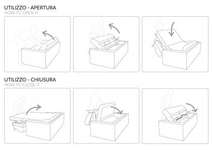 Fasi di apertura e chiusura del divano letto Passepartout - Design by BertO