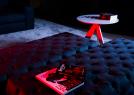 Tavolino Circus con gambe finitura ramata e pouf capitonné in denim - #BertoLive 2016