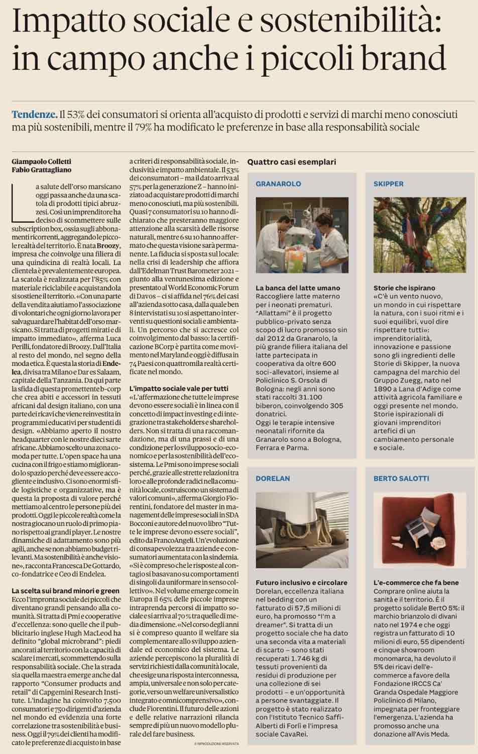 BertO Solidaritätsprojekt 5% - Il Sole 24 Ore Artikel